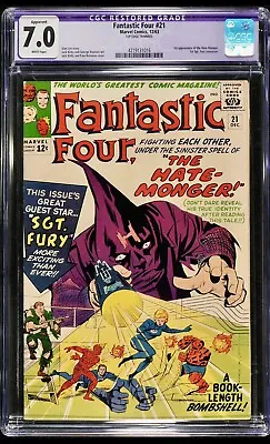 Buy 1963 Fantastic Four #21 1st Appearance Hate-Monger Sgt Fury CGC 7 Stan Lee Comic • 147.23£