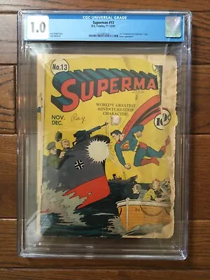 Buy SUPERMAN #13 CGC 1.0 WW2 Nazi War Cover Golden Age 1941 • 868.91£