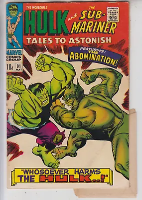 Buy Tales To Astonish # 91  Rare Defect Hulk Vs Abomination  Art Pence  1967 • 89.95£