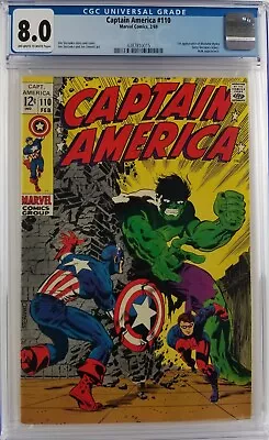 Buy Captain America #110 Cgc 8.0 Ow/w Pages 1969 Classic Steranko Hulk Cover • 201.06£