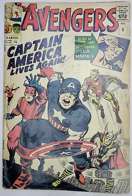 Buy Avengers #4 1st Silver Age Captain America Marvel Comics (1964) GRAIL 9d • 599.95£