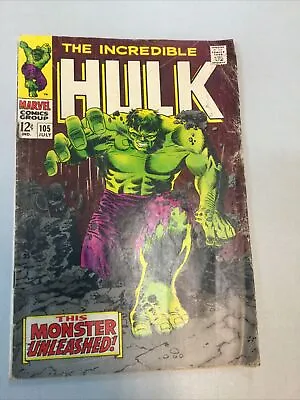 Buy Incredible Hulk 105 Marvel Comics 1968 WATER DAMAGE First App Missing Link • 71.14£