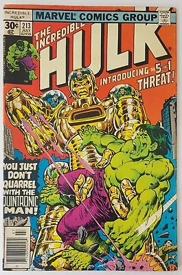 Buy Incredible Hulk #213, Marvel Comics 1977, 1st App The Quintronic Man, Bronze Age • 11.50£