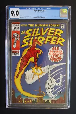 Buy Silver Surfer 15 Vs Human Torch 1st Solo Battle 1970 Fantastic Four CGC VFNM 9.0 • 316.40£