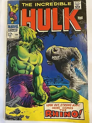 Buy Incredible Hulk #104 (1968)Classic Battle With Rhino Marie Severin Marvel Comics • 22.33£