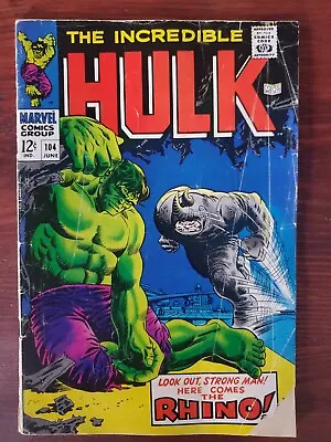 Buy Incredible Hulk #104 RHINO 1968 3.5  VG- OW/WP 🔥  • 43.38£
