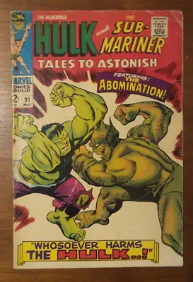 Buy Tales To Astonish #91 (1967) 2nd Appearance Of Abomination Classic Battle Cover • 18.20£