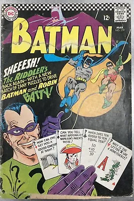 Buy Batman #179 March 1966 2nd Silver Age Riddler App - Factory Error Double Cover ! • 349.99£