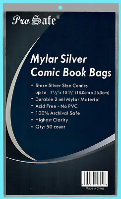 Buy 50 PRO SAFE SILVER MYLAR 2 MIL COMIC BOOK BAGS Clear Archival Storage Acid Free • 25.83£