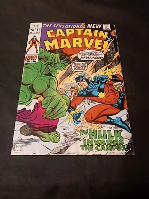 Buy Captain Marvel #21 1970 The Hulk Invades The Campus! Fine Condition In Ultra Pro • 19.76£