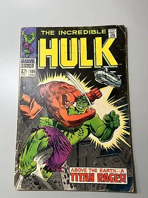 Buy Incredible Hulk #106 (1968) 🔑Death Of Missing Link **Very Good 4.0 Range** • 11.08£