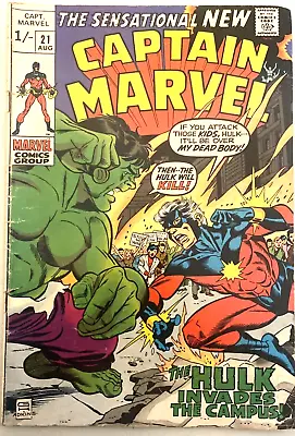 Buy Captain Marvel # 21. Hulk. Bronze Age Age 1970.  Gil Kane-cover.  Fn- 5.5 • 20.99£
