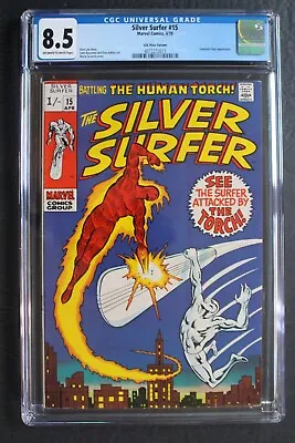 Buy Silver Surfer #15 Vs Human Torch 1st Solo Battle 1970 FF UK Variant CGC VF+ 8.5 • 237.10£