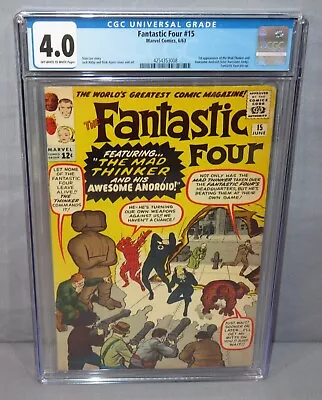 Buy FANTASTIC FOUR #15 (Mad Thinker 1st Appearance) CGC 4.0 VG Marvel Comics 1963 • 229.55£