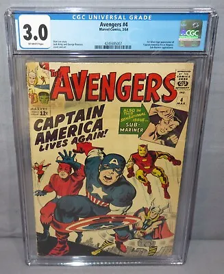 Buy AVENGERS #4 (Captain America 1st Silver Age App) CGC 3.0 GD/VG Marvel Comic 1964 • 1,025.03£