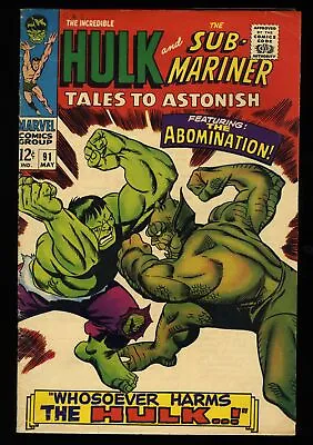 Buy Tales To Astonish #91 VG/FN 5.0 1st Abomination Cover! Hulk! Sub-Mariner! • 40.31£