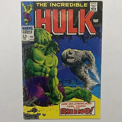 Buy 1968 INCREDIBLE HULK ISSUE #104 COMIC BOOK COMPLETE Hulk Vs Rhino Marvel Classic • 28.14£