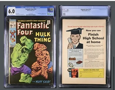 Buy Fantastic Four #112 CGC 6.0 Classic Buscema Cover Hulk Vs Thing Marvel 1971 • 144.66£