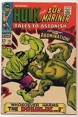Buy Tales To Astonish #91 VG  1st Abomination Cover! Hulk! Sub-Mariner! • 31.97£