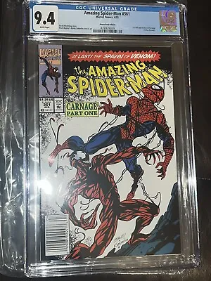 Buy Amazing Spider-Man 361, 1st Appearance Carnage, Newsstand Variant CGC Graded 9.4 • 108.43£