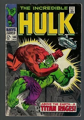 Buy Marvel Comic's Incredible Hulk 106 VG+ 4.5 Avengers  1968 Titan Rage  • 54.99£