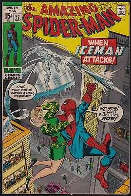 Buy Marvel Comics AMAZING SPIDER-MAN #92 Iceman Appearance 1971 FN/VF-! • 43.48£