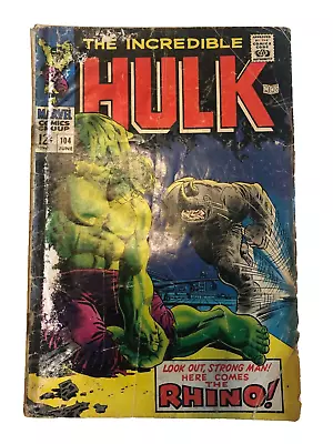 Buy The Incredible Hulk #104 Marvel Comics 1968 Bruce Banner Rhino Appears Original • 18.34£