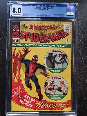 Buy AMAZING SPIDER-MAN #8 CGC VF 8.0; OW-W; 1st Spider-Man Vs. Human Torch Battle! • 1,914.85£