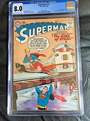 Buy SUPERMAN #123 CGC VF 8.0; OW-W; Blonde Supergirl Tryout Story! • 2,525.99£