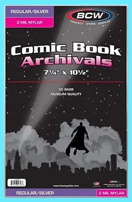 Buy 50 BCW SILVER / REGULAR MYLAR 2 MIL COMIC BOOK BAGS Clear Archival Safe Storage • 28.50£