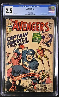 Buy Avengers #4 CGC 2.5 (1964) 1st SA App Captain America OW Pages Marvel GD+ • 584.40£
