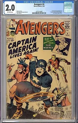 Buy Avengers #4 1st Silver Age App. Captain America Marvel Comic 1964 CGC 2.0 • 799.48£