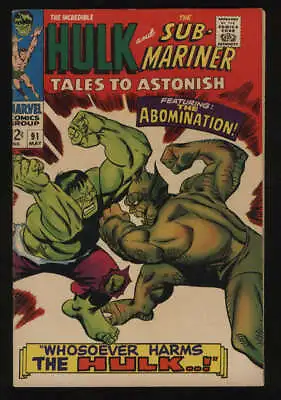 Buy Tales To Astonish #91 VF- 7.5 OW Pgs Incredible Hulk Sub-Mariner Abomination • 98.95£