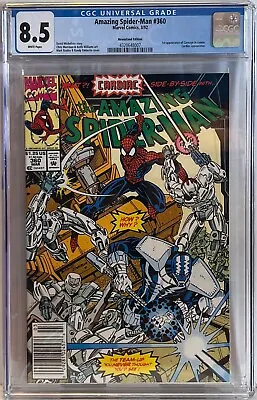 Buy AMAZING SPIDER-MAN #360 CGC 8.5 NEWSTAND WHITE PAGES 2nd App CARNAGE In Cameo • 47.17£