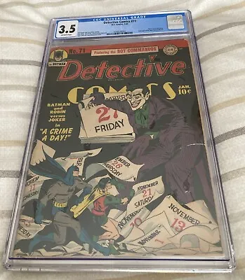 Buy Detective Comics #71 Batman Joker Classic Cover 3.5 CGC 1943 Off-White Pages • 2,975£