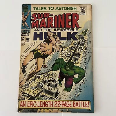 Buy Tales To Astonish #100 Marvel 1968  VG/F Sub-Mariner Vs Hulk.  Lee-Severin. 🔑 • 15.88£