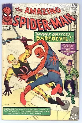 Buy Amazing Spider-Man 16 (VG) 1st DAREDEVIL X-OVER & Battle! Yellow Suit! 1964 Y493 • 290.23£