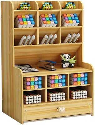 Buy Wooden Desk Organizer With Drawer, Large Capacity DIY Pen Holder Storage Box Des • 18.26£