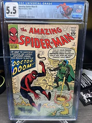 Buy Amazing Spider-Man 5 CGC Graded 5.5 FN- OW Pages Dr. Doom Marvel Comics 1963 • 1,600.93£