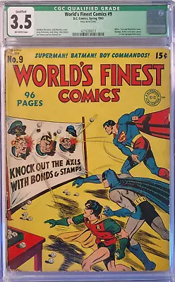 Buy 1943 World's Finest Comics 9 CGC 3.5 Q Classic WWII Cover Hilter Tojo Mussolini. • 960.20£